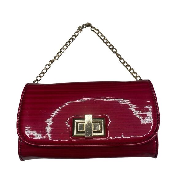 Small Red Patent Leather Clutch Handbag Bag Gold Chain Strap Polka Dot Lining - Picture 11 of 12